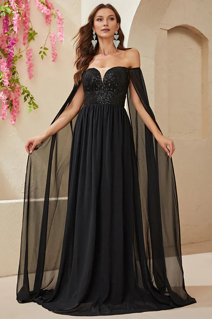 Weitese Dress Black A-line Off The Shoulder Chiffon Party Dress Maxi Dress Sleeveless With Sequins Prom Dress